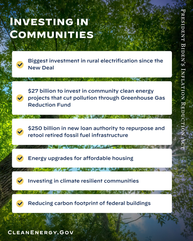 Plakat mit Bäumen und Himmel als Hintergrund und dem Text "Investing in Communities: Größte Investition in ländliche Elektrizität seit dem New Deal".
