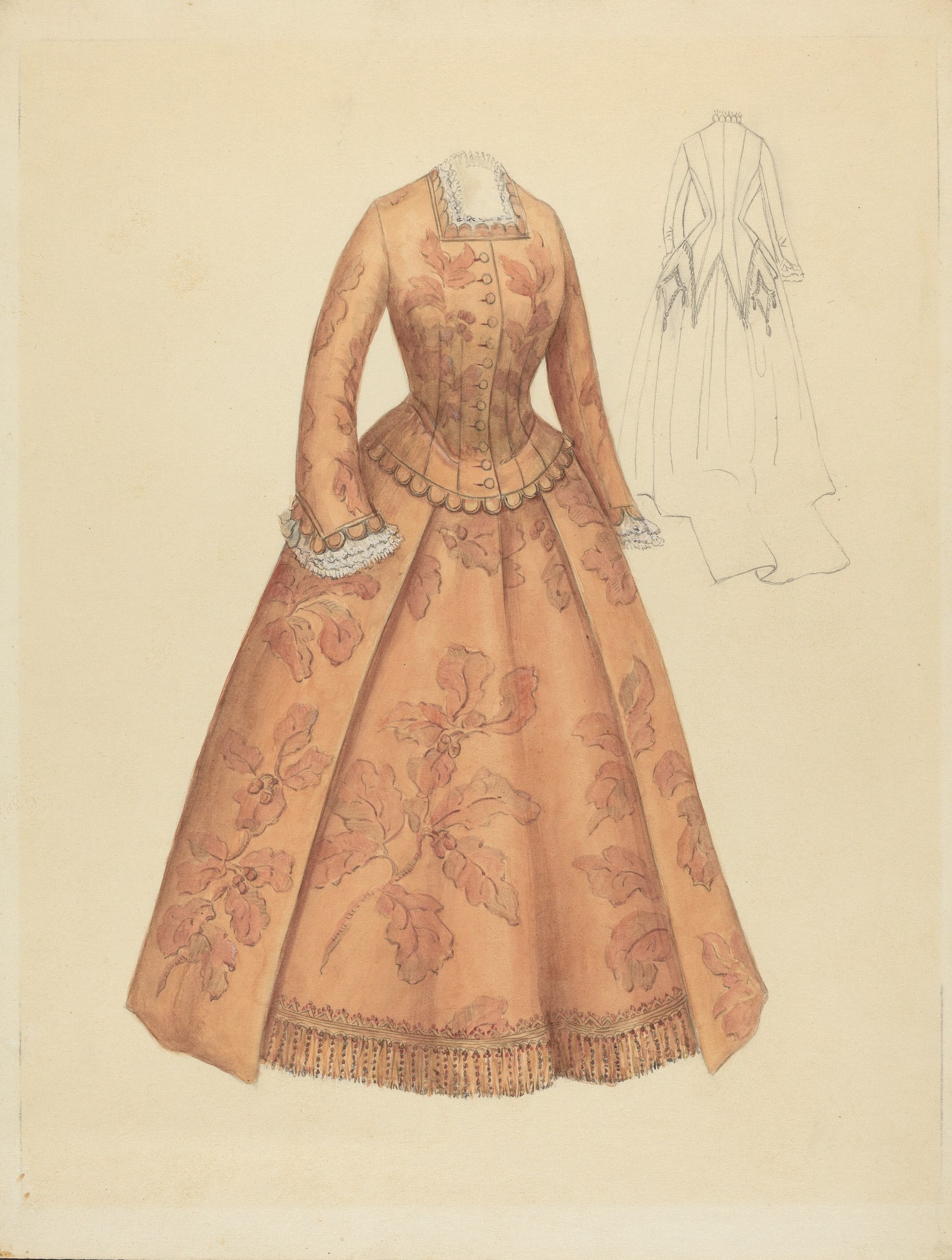 Ein detailliertes Zeichnung eines 18. Jahrhundert-Kostümdesigns mit einem langen, hochgeschlossenen Kleid mit einem floral gemusterten Mieder in Rosa, Lila und Blau, einem bodenlangen Rock mit Spitzenbesatz und einem hellblauen Hintergrund.