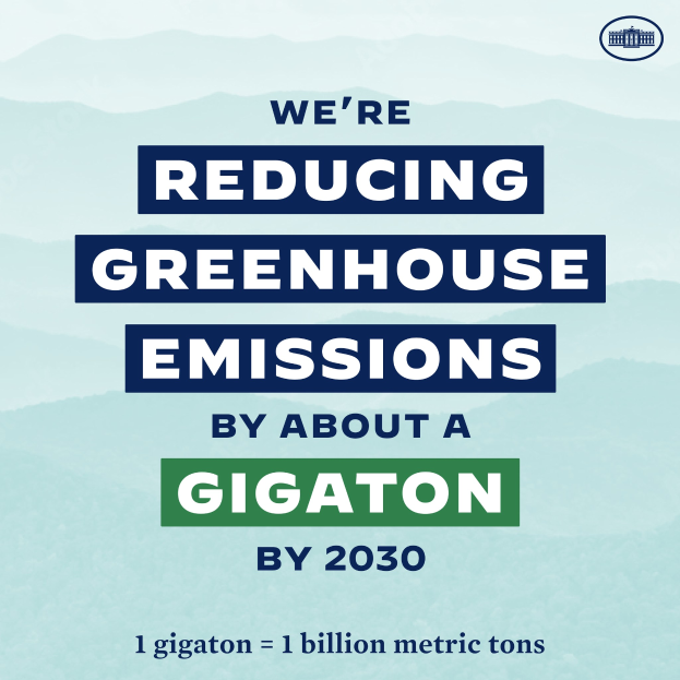 Ein Plakat mit Text und Logo, auf dem steht: "Wir reduzieren die Treibhausgasemissionen um etwa eine Gigatonne bis 2030", und damit für die Reduzierung der Treibhausgasemissionen bis 2030 wirbt.