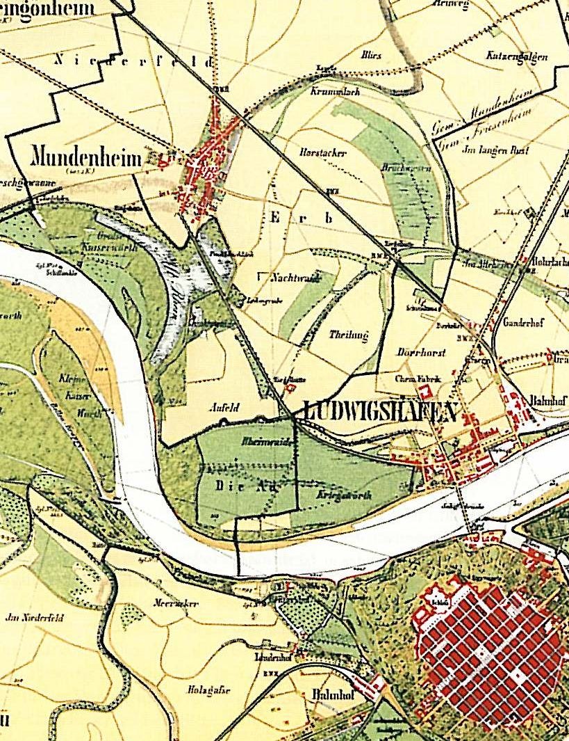 Detailiertes altes Stadtplan von Ludwigschaften, Deutschland, mit Straßen, Gebäuden und Sehenswürdigkeiten sowie Textangaben zum Standort der Stadt.