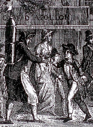 Schwarze und weiße Zeichnung einer Gruppe von besorgten Menschen, die eine Straße entlanglaufen, vorbei an einem Gebäude, mit dem Text "Victorian riots in London" unten.