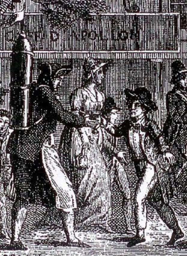 Schwarze und weiße Zeichnung einer Gruppe von besorgten Menschen, die eine Straße entlanglaufen, vorbei an einem Gebäude, mit dem Text "Victorian riots in London" unten.