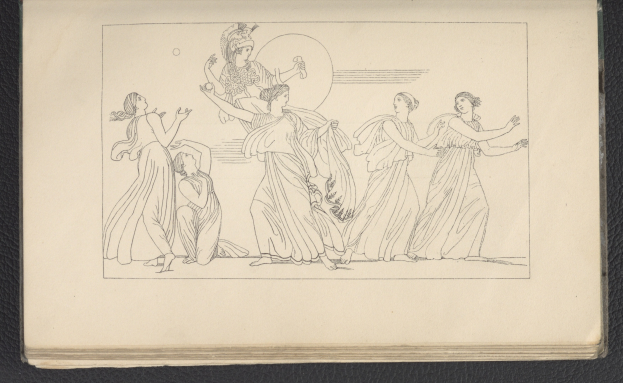 Ein Buchumschlag mit einer leuchtenden Illustration einer Gruppe tanzender Frauen in dynamischen, synchronisierten Posen, mit detaillierter Kleidung und Gesichtern.