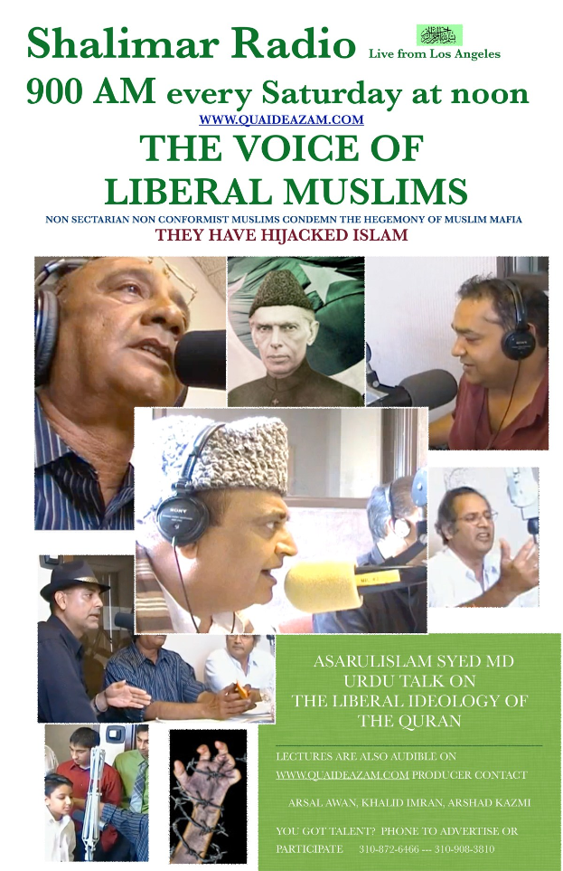 Plakat für den Radiosender "Stimme der liberalen Muslime" mit Abbildungen von Menschen mit Kopfhörern und Mikrofonen in einem Gespräch.