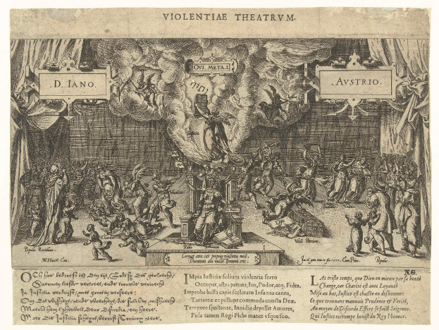 Ein Blatt Papier mit einer Zeichnung von verstörten Menschen auf einer Bühne, mit fetter Schrift und einem dunklen, bedrohlichen Himmel im Hintergrund.