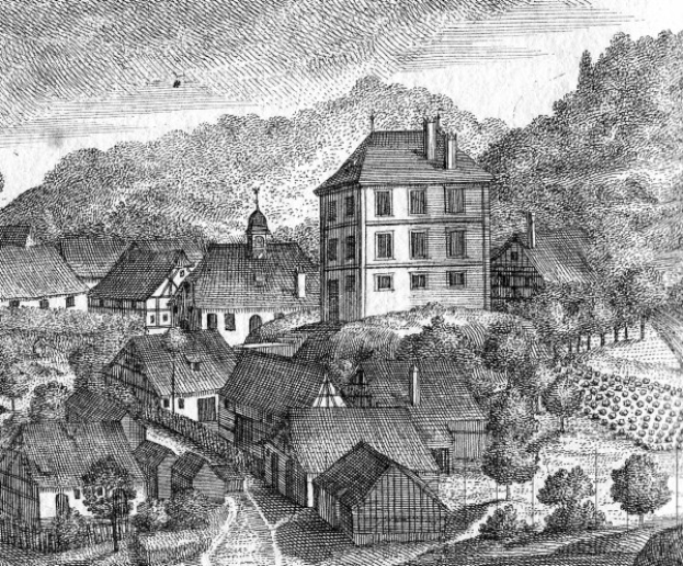 Eine Schwarz-Weiß-Zeichnung einer kleinen Stadt in Bayern im 19. Jahrhundert, die eine zentrale Kirche, umgebende Häuser, Bäume und einen Himmel zeigt, mit Text unten, der 'Bayern im 19. Jahrhundert' lautet.