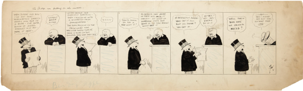 Ein Comic-Strip-Panel mit einem Mann in Zylinder und einer Frau in einem Kleid, die in eine Diskussion vertieft sind, wobei der Mann ein Blatt Papier mit Text hält.