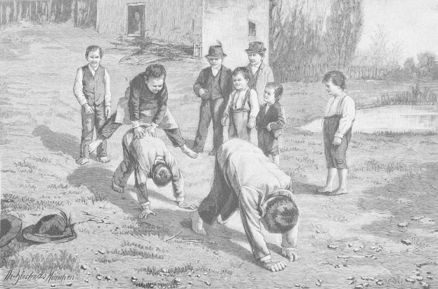 Schwarz-weißes Bild von Kindern auf einem Feld, mit zwei Jungen, die in der Mitte kämpfen, während die anderen zusehen, und einem Hut und Text auf der linken Seite.