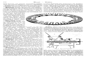 Eine Seite aus einem Buch mit einer Zeichnung einer Kreismaschine und Text, betitelt "Deutsches Patent 558" veröffentlicht 1881.