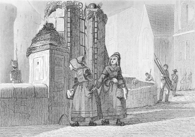 Schwarze und weiße Gravur von zwei Frauen, die vor einem Gebäude stehen, mit ein paar anderen Menschen im Hintergrund, betitelt mit "Victorian Women in the City of London".