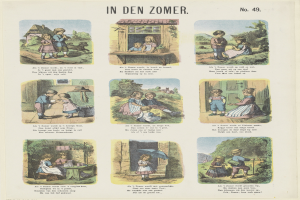 Ein Blatt mit Bildern von Kindern in bunten Kleidern, die in einem üppigen Garten spielen, mit Text in einer verspielter Schrift.