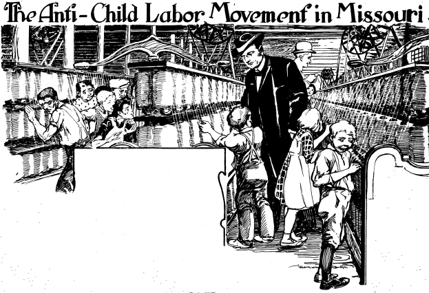 Plakat für die Anti-Kinderarbeit-Bewegung in Missouri, das bedrückte Menschen in traditioneller Kleidung mit Text oben und unten zeigt.