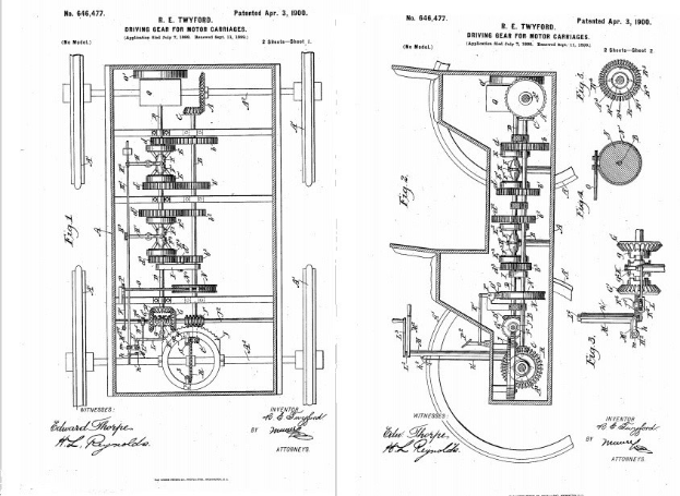Schwarz-weiß-technische Zeichnung eines zahnradgefüllten frühen Automobils patent auf weißem Papier mit handschriftlichen Textanmerkungen.