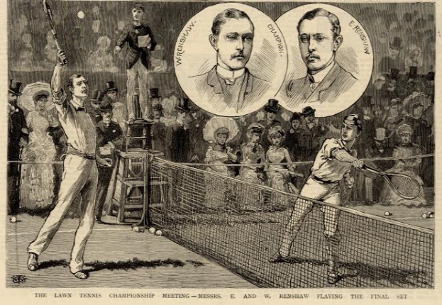 Schwarze und weiße Zeichnung von zwei Männern, die Tennis in einem Endspiel spielen, mit Zuschauern im Hintergrund und Text unten, der lautet: "The Lawn Tennis Championship Meeting - Messers, E und W Renshaw spielen das Endspiel."