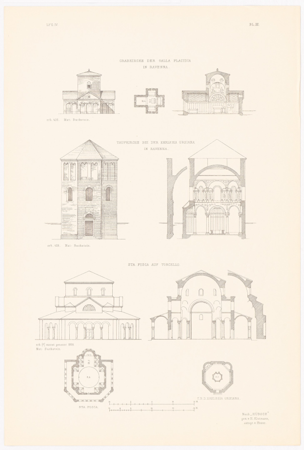 Eine Buchseite mit detaillierten Zeichnungen verschiedener Gebäude mit unterschiedlichen Architekturstilen, begleitet von erklärendem Text zu ihrer Geschichte.