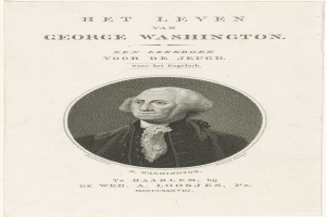 Porträt von George Washington auf Papier mit Text, der nach vorne schaut und einen ernsten Ausdruck hat, mit zurückgekämmtem Haar und einem Anzug und Krawatte.