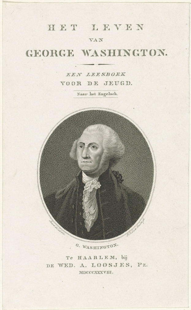 Porträt von George Washington auf Papier mit Text, der nach vorne schaut und einen ernsten Ausdruck hat, mit zurückgekämmtem Haar und einem Anzug und Krawatte.