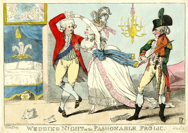 Eine Karikatur eines Mannes und einer Frau, die auf einer Hochzeit tanzen, beleuchtet von einem Kronleuchter, mit einem Bett, einem Rahmen an der Wand und verschiedenen Gegenständen auf dem Boden; der Text unten lautet 'Hochzeitsnacht oder das modebewusste Vergnügen'.