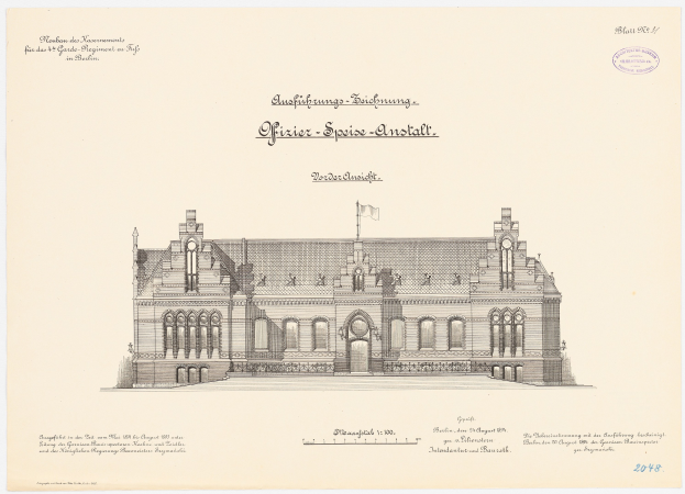 Zeichnung des Reichstagsgebäudes, des Hauptsaals des Deutschen Parlaments in Berlin, mit einer Flagge auf seinem Dach und begleitendem Text.