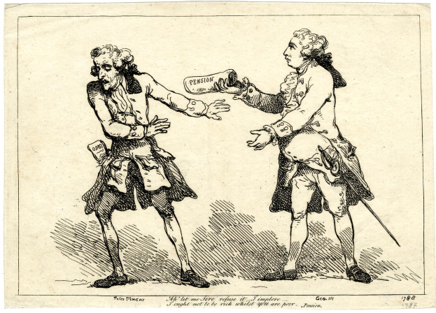 Zwei Männer in Renaissance-Kleidung, einer hält ein Papier mit dem Wort 'Rente' sichtbar unten.