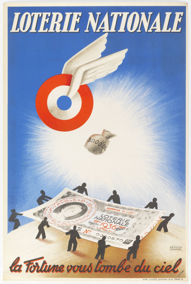 Plakat für eine nationale Lotterie mit einer Illustration eines Vogels, der über einen Stapel Geldscheine fliegt, und Text, der die Lotterie und ihre Preise ankündigt.