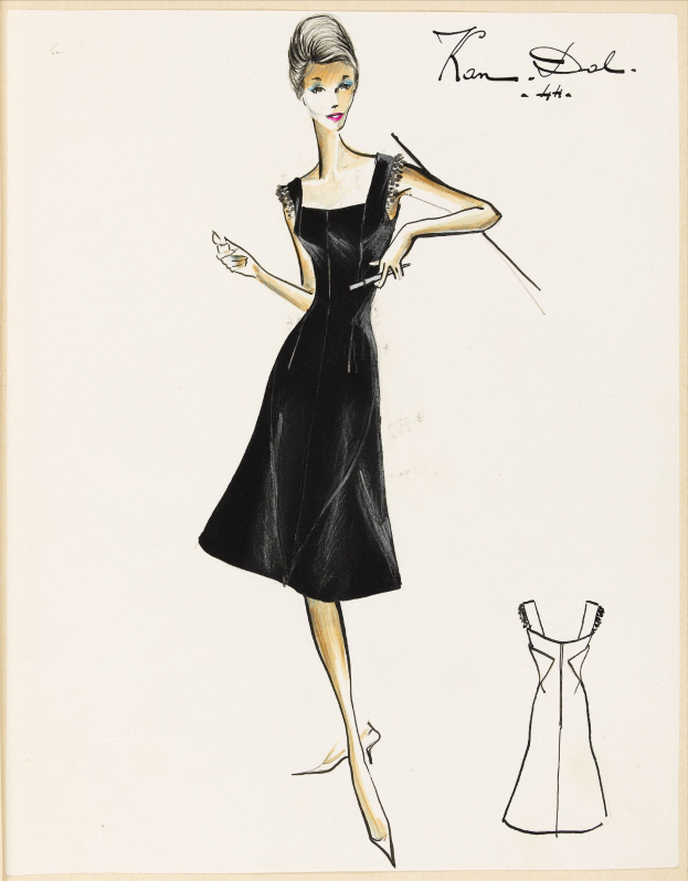 Eine Schwarz-Weiß-Skizze einer Frau in einem knielangen, eng anliegenden schwarzen Kleid mit einem weiten Rock, schwarzen High Heels und einer eleganten Hochsteckfrisur, entworfen von Jean Paul Gaultier.