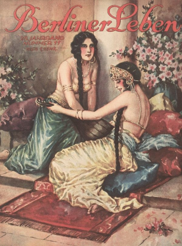 Plakat mit zwei Frauen auf einem Bett umgeben von Kissen und Topfpflanzen mit Blumen, oben mit "Berliner Leben Magazin-Cover aus Oktober 1931" beschriftet.