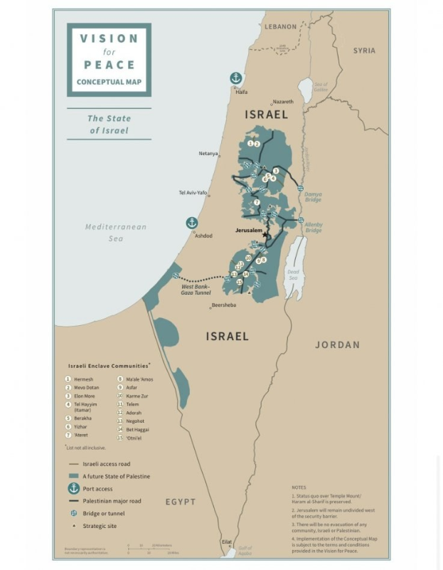 Plakat mit der Aufschrift "Vision für Frieden-Konzeptkarte", das eine farbcodierte Karte Israels mit fetter schwarzer Schrift oben zeigt.