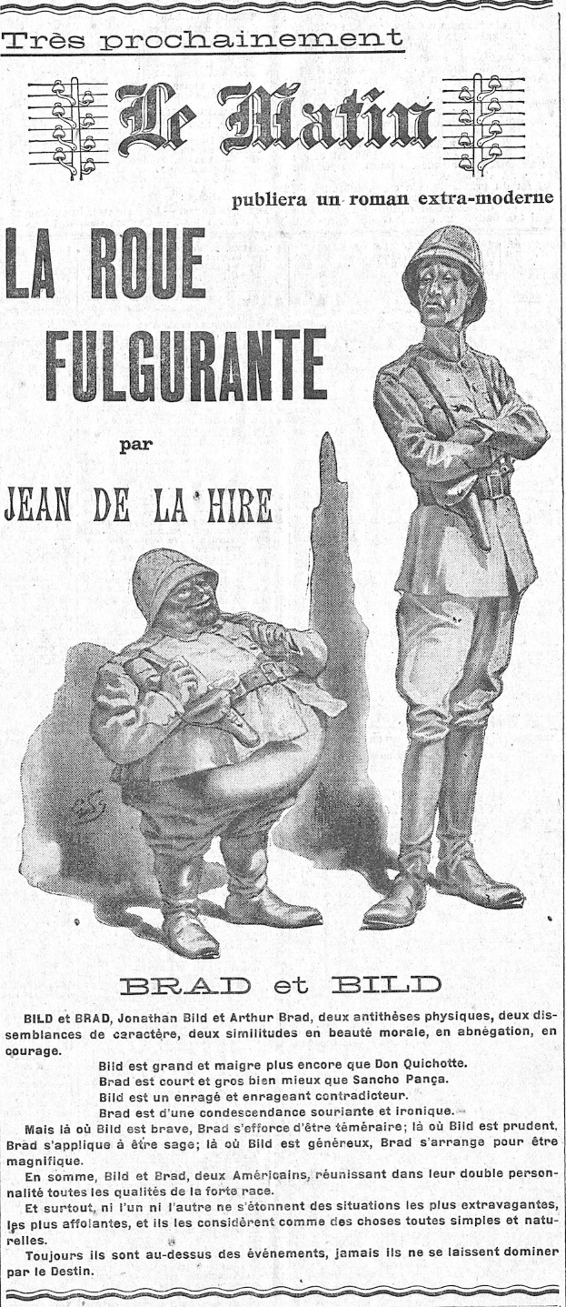 Old newspaper advertisement featuring two men in military attire holding guns, with text and determined expressions.