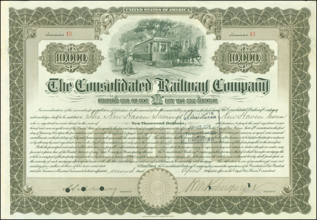 Konsolidierte Eisenbahnaktie mit einer Illustration eines Zuges, umrahmt und mit gedrucktem Text.