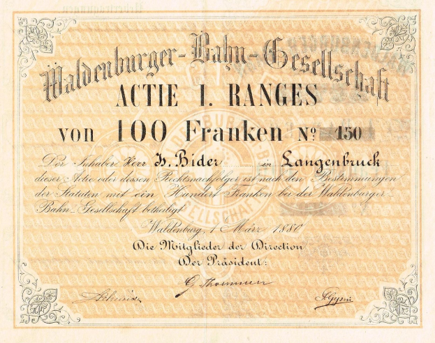 Alte deutsche Banknote mit einem Porträt eines Mannes und dem Text "Haldenburger-Balm Gesellschaft Actie 1 Ranges"