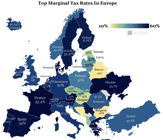 Eine Europa-Karte mit Farben, die die Spitzensätze der Einkommensteuer in jedem Land anzeigen, mit der Überschrift "Spitzensätze der Einkommensteuer in Europa."