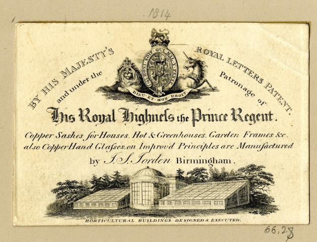 Alte Visitenkarte mit 'The Royal Highmills of the Prince Regent' und einem Gebäude- und Baum-Bild sowie einem Logo.
